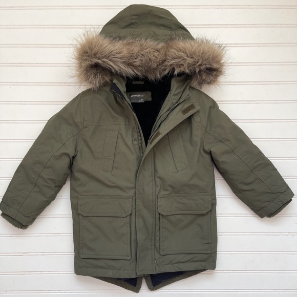 EDDIE BAUER EUC Olive Removable Faux Fur Hooded Parka Winter Jacket